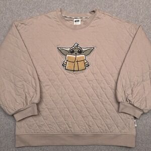 Star Wars Mandolorian Grogu Baby Yoda Quilted Sweatshirt Women's Large Beige EUC